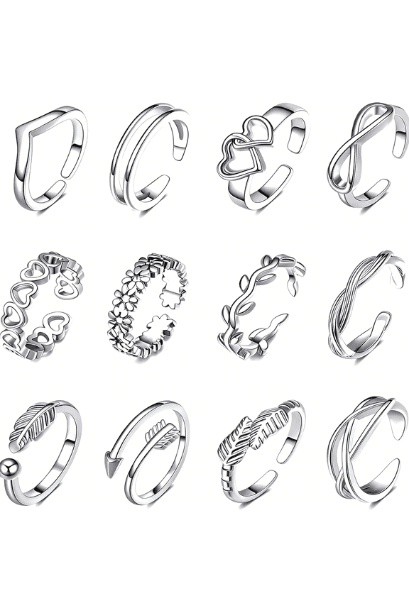 12 Pack Adjustable Toe Rings for Women, Plated Toe Ring Set, Summer Beach Open Toe Rings with Flower Arrow Tail Designs, Barefoot Foot Jewelry and Pinky Rings