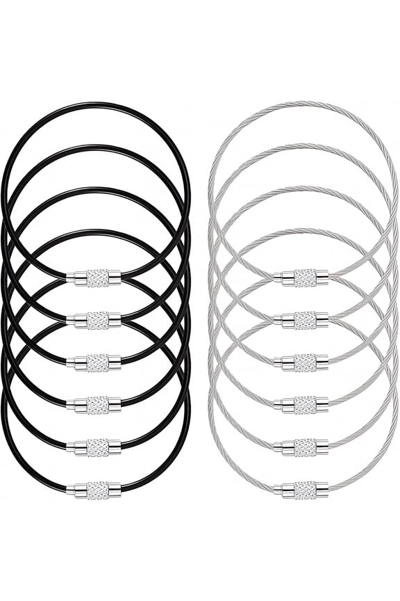 12 Pack Wire Keychain Cable,6 Inch Stainless Steel Cable Key Rings,2mm Thick Key Rings for Luggage Tag Loops and ID Keepers (Black & White)