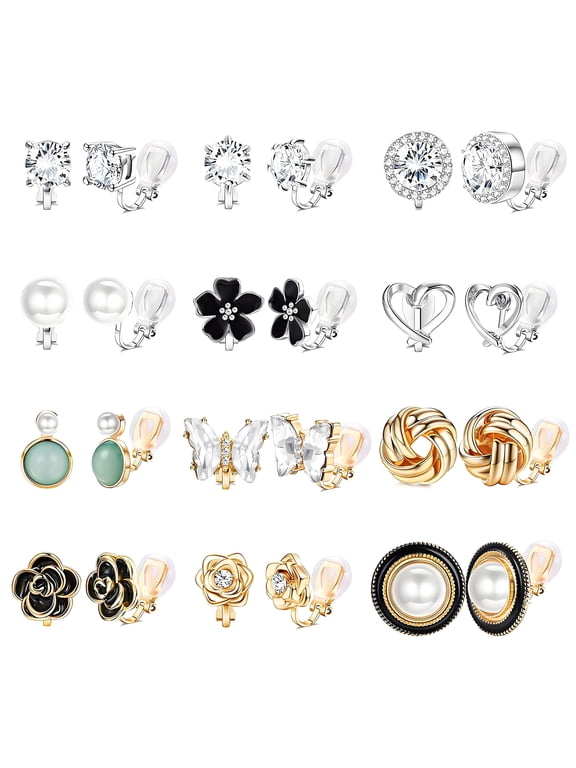 12 Pairs Clip on Earrings Set,Butterfly Flower Pearl Rhinestone Clip Earrings for Women,Charming Fashion Dainty Earrings,Non-Pierced Earrings for Sensitive Ears Women
