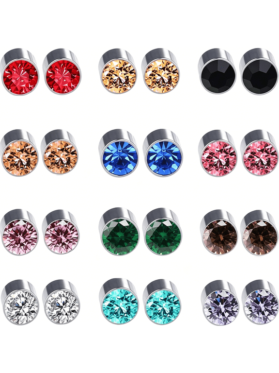 12 Pairs Colors Crystal Magnetic Earrings Set Fake Stud Earrings Clip on Non Piercing Earrings Pack Unisex