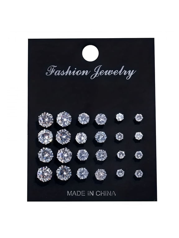 12 Pairs Cubic Zirconia Stud Earrings Set for Men and Women, Large Medium Small Sizes, Classic Hypoallergenic Jewelry for Daily Wear and Special Occasions