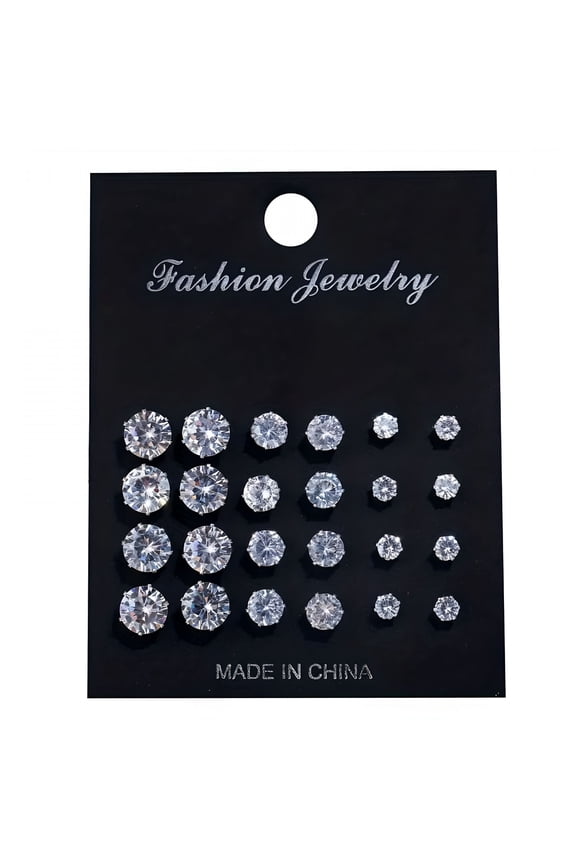 12 Pairs Cubic Zirconia Stud Earrings Set for Men and Women, Large Medium Small Sizes, Classic Hypoallergenic Jewelry for Daily Wear and Special Occasions