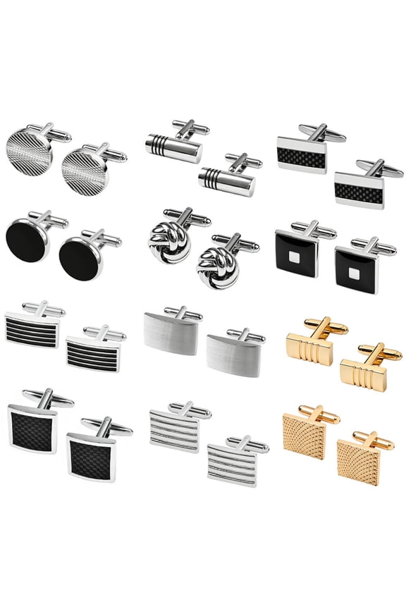 12 Pairs Cufflinks for Men Classic Tone Cuff Links Silver Black Striped Disc Square Rectangle Cuff Links Shirt Suit Men'S Cufflinks for Wedding Groom Business Elegant Gift