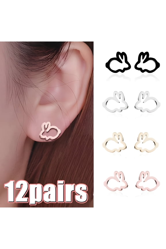 12 Pairs Earrings for Women, Sweet Hollow Rabbit Ear Studs Bunny Earrings Women Party Jewelry Easter Gift