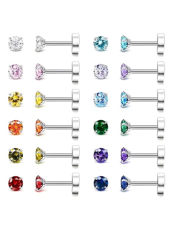 12 Pairs Flatback Stud Earrings for Women,Cartilage Earrings for Women,Stainless Steel Stud Hypoallergenic Earrings for Sensitive Ears Women,4mm