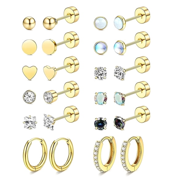 DESIGNICE 12 Pairs Flatback Stud Earrings for Women,Nickel&Lead Free Cartilage Earrings for Women,Hypoallergenic Earrings for Sensitive Ears Women,Gold