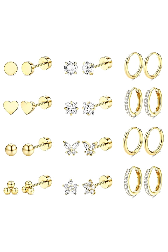 12 Pairs Flatback Stud Earrings for Women,Nickel & Lead Free Cartilage Earrings for Women,No Irritation Hypoallergenic Earrings Earrings for Sensitive Ears Women,Gold