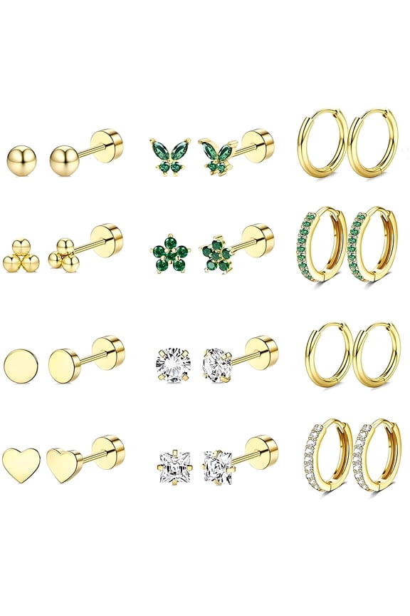 12 Pairs Flatback Stud Earrings for Women,Nickel&Lead Free Cartilage Earrings for Women,No Irritation Hypoallergenic Earrings for Sensitive Ears,Green