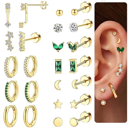 DESIGNICE 12 Pairs Flatback Stud Earrings for Women,Surgical Stainless Steel Cartilage Earrings for Women,Hypoallergenic Earrings for Sensitive Ears Women,Gold