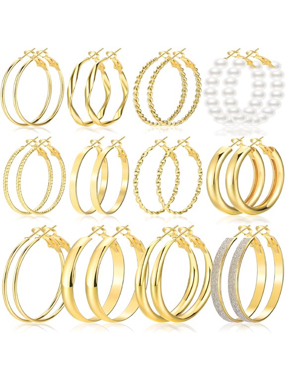 12 Pairs Gold Hoop Earrings Set for Women - Hypoallergenic Stainless Steel Large 40mm/50mm Loop Hoops - Thin & Thick Statement Jewelry Gift