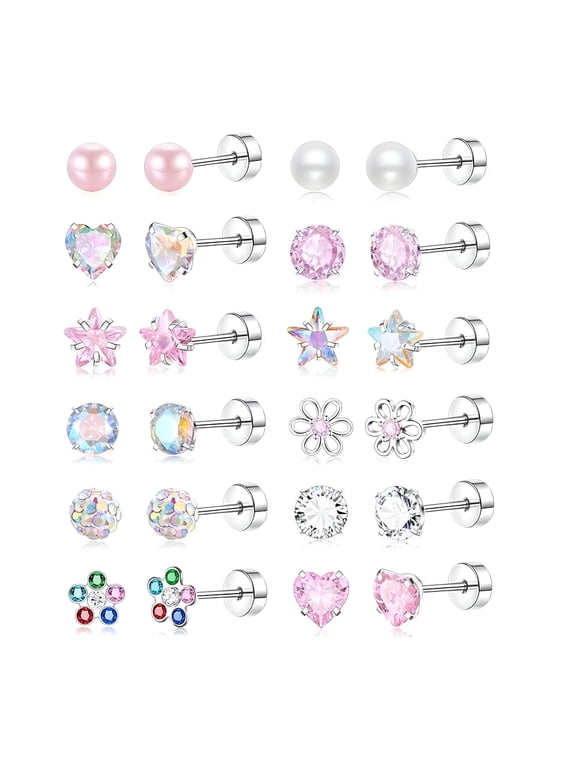 12 Pairs Hypoallergenic Screw Back Earrings, 316L Stainless Steel Studs with AAA CZ for Women, Tiny Heart Flower