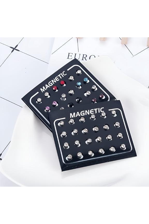 12 Pairs/Set Unisex Rhinestone Inlaid Magnetic Stud Earrings Non-Piercing Jewelry