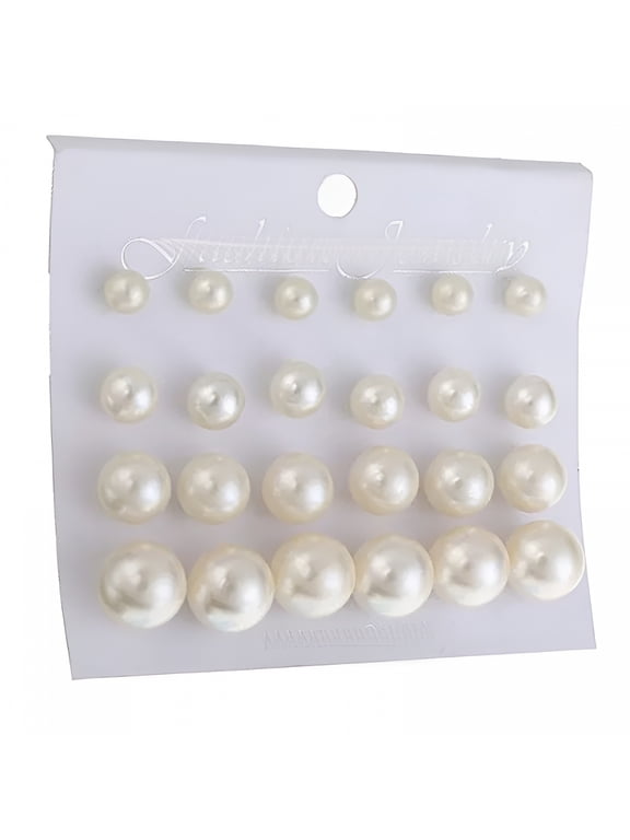 12 Pairs Shiny Round Imitation Pearl Earrings Alloy Stud Earrings Set Party Earring Accessories,Pearl Stud Earrings,Earring Set