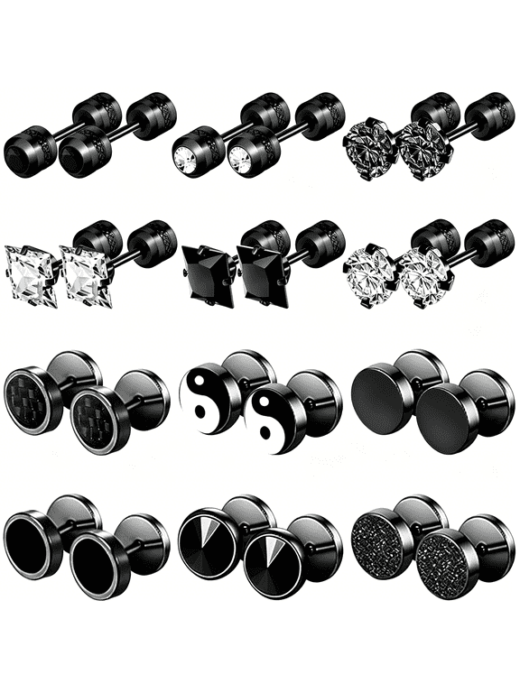 12 Pairs Stainless Steel Stud Earrings for Men Women, Hypoallergenic Flatback Black Screw Back Studs with Cubic Zirconia