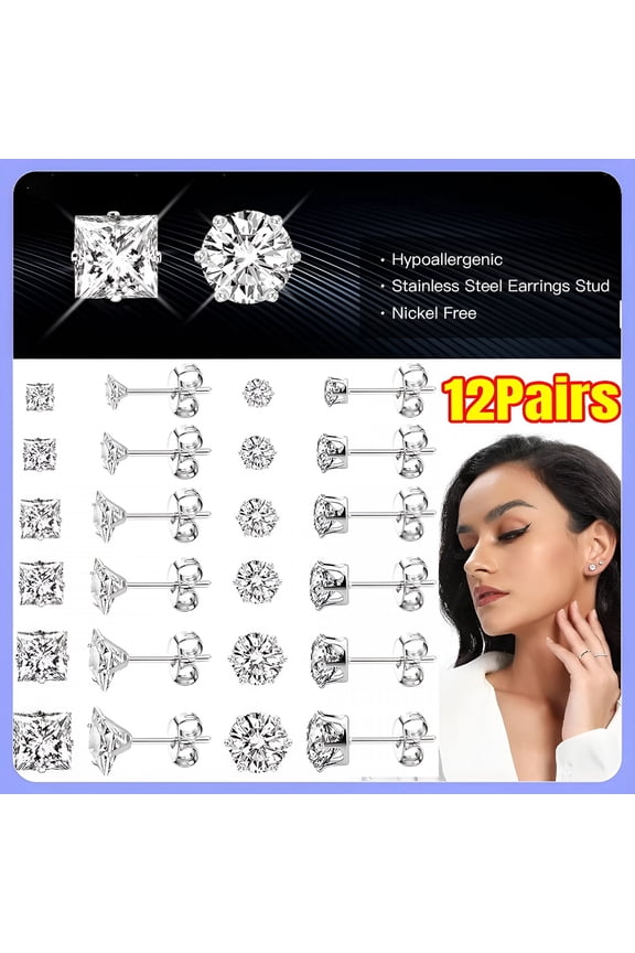 12 Pairs Stainless Steel Stud Earrings for Women Men Hypoallergenic Silver Earrings Sets,Multipack Cubic Zirconia Earrings Studs
