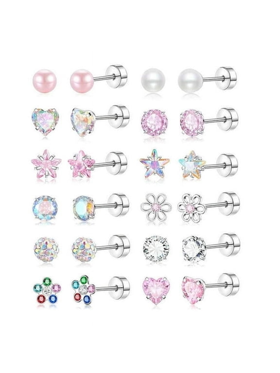 12 Pairs Surgical Steel Screw Back Earrings Sets Hypoallergenic Screw Back Stud Earrings Cute Heart Tiny Cz Flower Pink Stud Earrings for Women