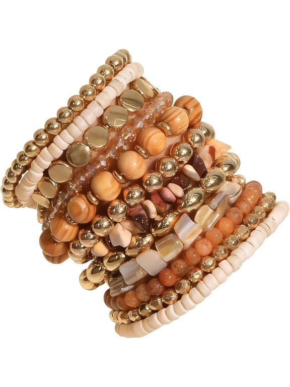 12 Pcs Beaded Bracelets for Women,Brown Orange Colorful Bohemian Stackable Gold Bead Stretch Bracelets Stack Summer Beach Jewelry Gift