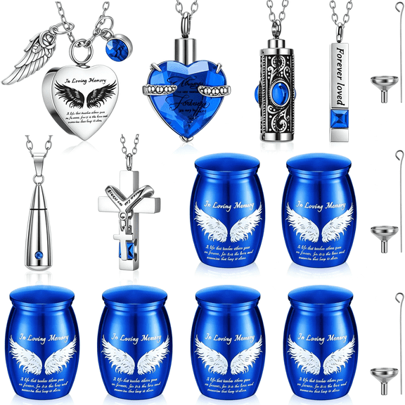 DESIGNICE 12 Set Small Urn Cremation Jewelry Necklaces for Ashes Stainless Steel Keepsake Urns Memorial Locket Mini Ash Holders Waterproof for Human Adult Female Male Family Loved One(Blue)