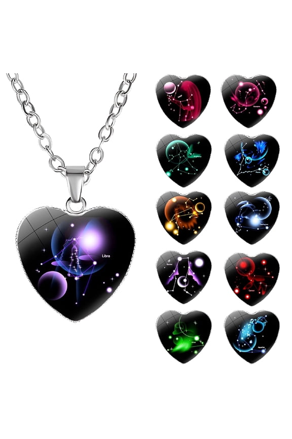 12 Zodiac Constellations Sign Glass Heart Pendant Necklace Birthday Gift for Women
