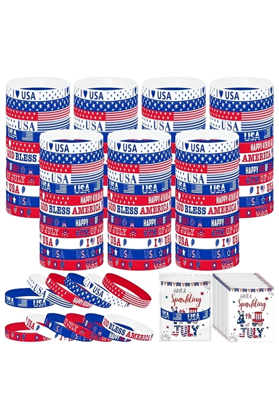 120 Set 4Th of July Rubber Bracelets Include 120 Independence Day Wristband 120 Patriotic Cards 120 Clear Cellophane Bags Flag Bracelet Red White Blue Wristband for Veterans Day American