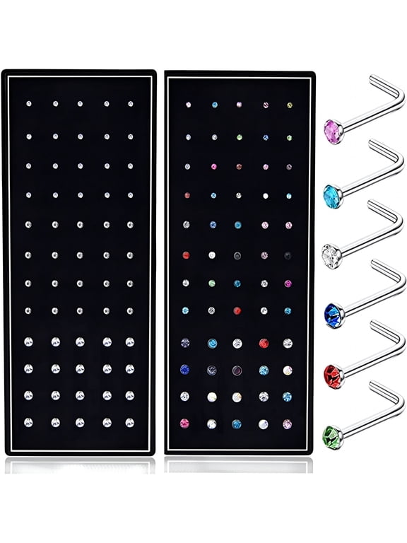 120Pcs 22G L Shaped Stainless Steel Nose Studs Rings Piercing Pin Body Jewelry 1.5Mm 2Mm 2.5Mm A Set White and Colour