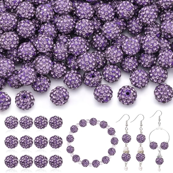 DESIGNICE 120pcs 10mm Rhinestone Beads for Jewelry Making, Purple Shiny Round Shamballa Disco Ball Beads Bulk, Sparkle Crystal Clay Christmas for Bracelet Baseball Necklace Earring Crafting and DIY