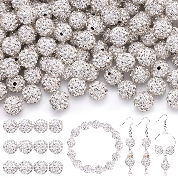 DESIGNICE 120pcs 10mm Rhinestone Beads for Jewelry Making, White Shiny Round Shamballa Disco Ball Beads Bulk, Sparkle Crystal Clay Christmas for Bracelet Baseball Necklace Earring Crafting and DIY