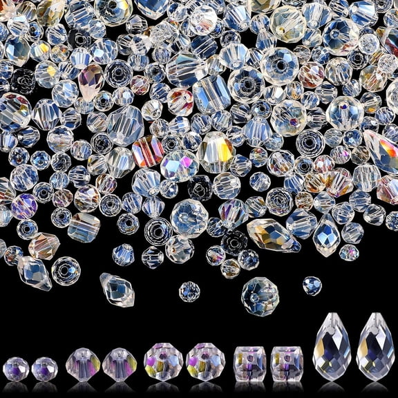 DESIGNICE 300 Pcs Glass Beads Bulk Assorted Crystal Beads for Jewelry Making Faceted Teardrop Rondelle Briolette for Diy Crafts Necklace Wristband Earring Kit(Classic,Ab Color)