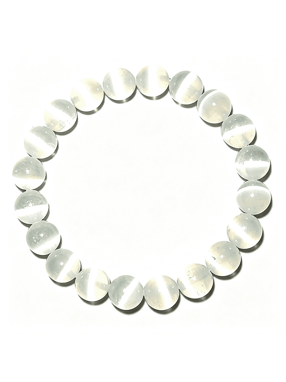 12Mm Selenite Bracelet-Genuine Natural Gypsum Beads Stretch Bracelet for Women Men,Minimalist Crystal Jewelry,Elastic Wrist Band for Everyday Wear&Gift Giving
