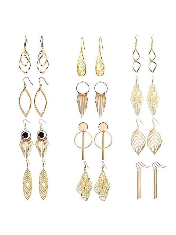 12Pairs Earrings Set,Alloy Earring Sets for Women,Hollowed-Out Leaf Design Unique Stylish Hypoallergenic Earrings,Dangle Earrings for Women,12Pairs
