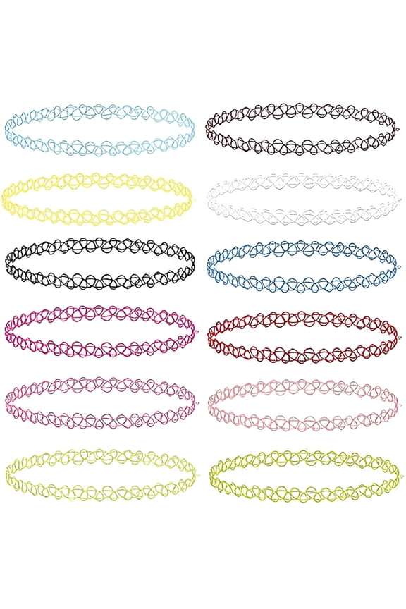 12Pc Tattoo Choker Necklace - 90S Accessories Fashion Vintage Trendy - Rainbow Goth Black Pink Green Blue White - Adjustable Stretchy Elastic Necklace Summer Vacation Set