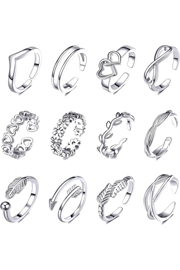12Pcs 14K Gold Plated Adjustable Toe Rings for Women Flower Arrow Band Open Tail Ring Beach Foot Jewelry Set