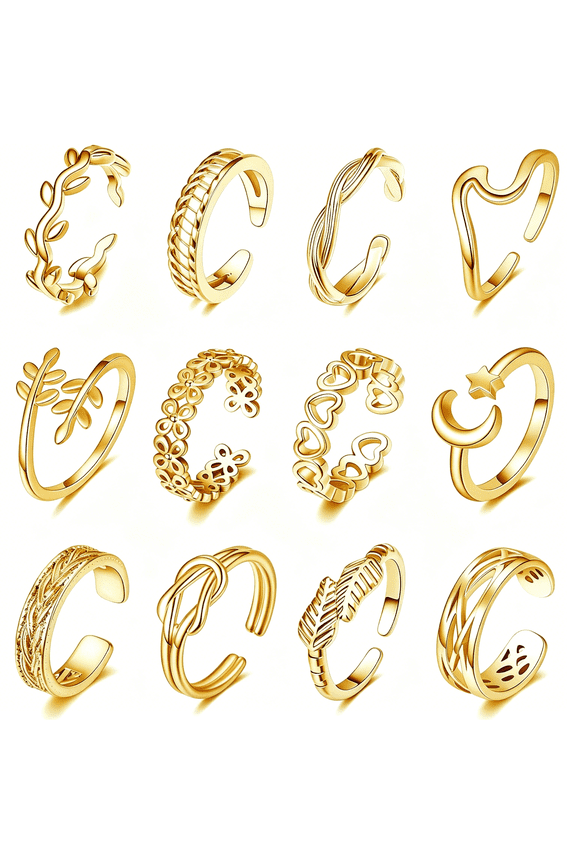 12Pcs 18K Gold Plated Adjustable Toe Rings for Women Summer Beach Open Toe Rings Set Flower Arrow Tail Pinky Band Rings Barefoot Foot Jewelry