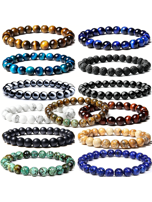 12Pcs 8Mm Semi-Precious Gemstones Beaded Bracelets for Men Women Tiger Eye Lava Rock Crystal Stone Bead Bracelets Set