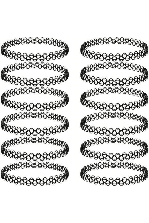 12Pcs 90S Tattoo Choker Necklace Set-Black Stretchy Elastic Y2K Retro Gothic Grunge