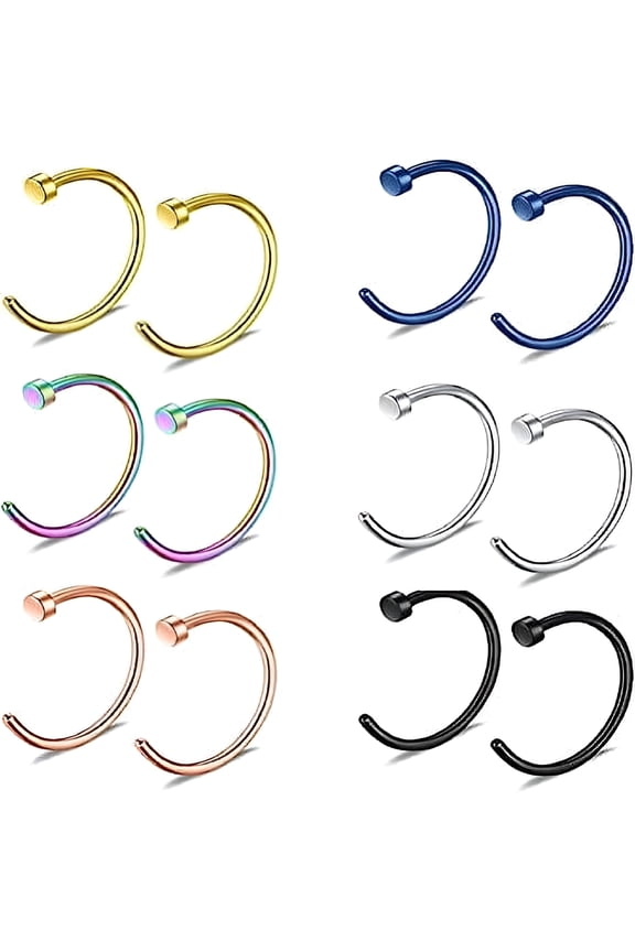 12Pcs Fake Nose Ring 20G Stainless Steel Piercing Hoop Jewelry 8mm Fake Nose Ring Hoop for Women Men