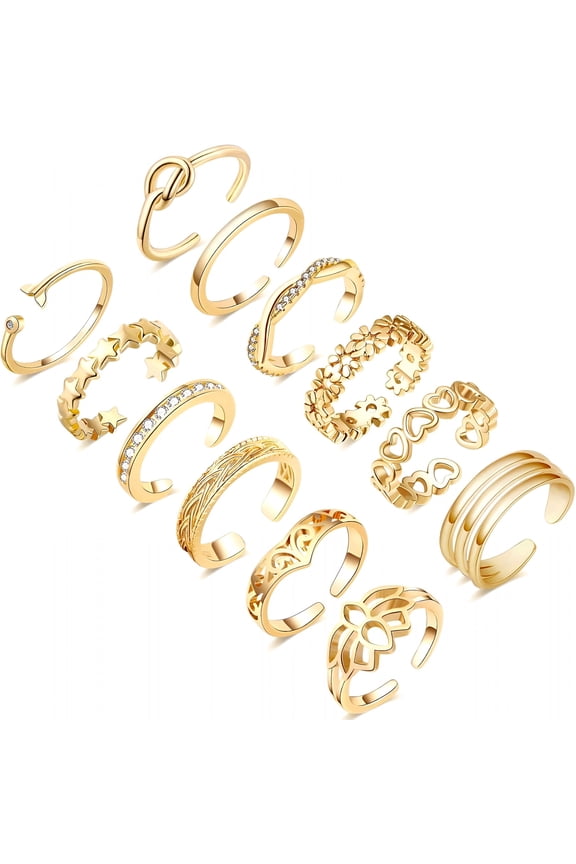 12Pcs Gold/Silver Plated Toe Rings for Women Adjustable Band Rings Open Flower Cz Toe Ring Set Beach Foot Jewelry