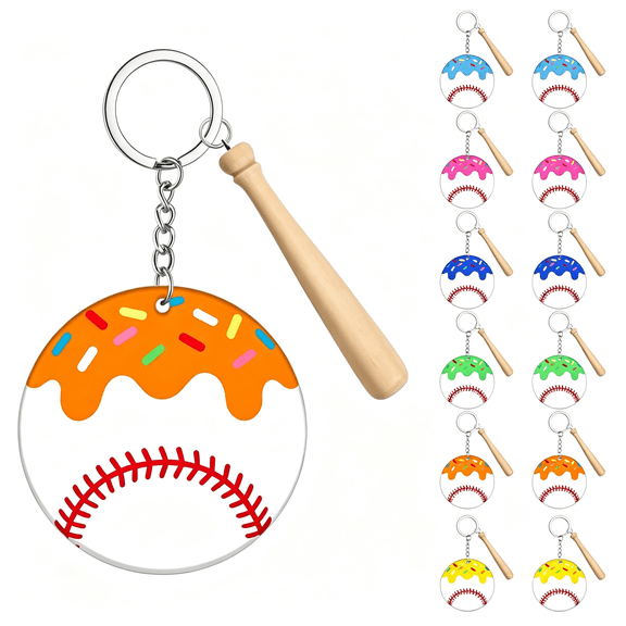 DESIGNICE 12Pcs Ice Cream Drip Baseball Keychain with Wooden Bat, Wooden Bat & Acrylic Token, Ice Cream Drip Baseball Party Favors Decorations, Theme Team Gifts for Backpack Decor