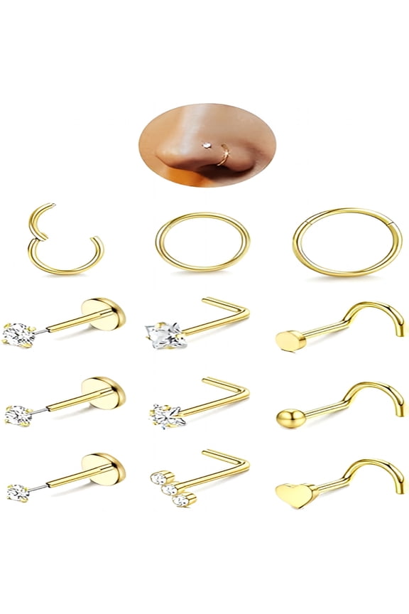12Pcs Nose Rings for Women 14K Gold Filled Hypoallergenic Surgical Steel Nose Rings Hoops Lip Septum Clicker Ring L Shaped Studs Threadless Flat Back Stud Nostril Piercing Jewelry