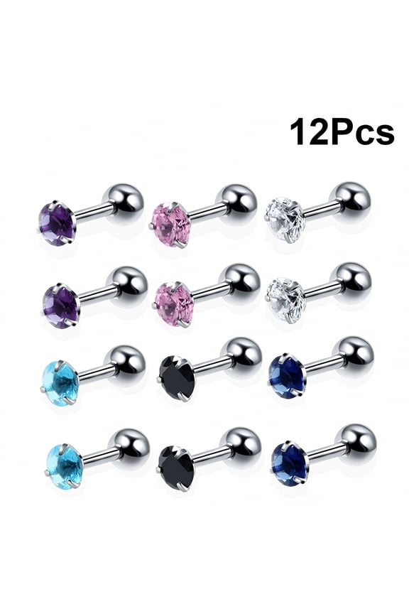 12Pcs Stainless Steel Barbell Ear Cartilage Stud Earrings - Surgical Steel Zircon Helix Tragus Piercing Jewelry, Multicolor Assorted Ear Studs for Women and Men, Hypoallergenic Body Jewelry