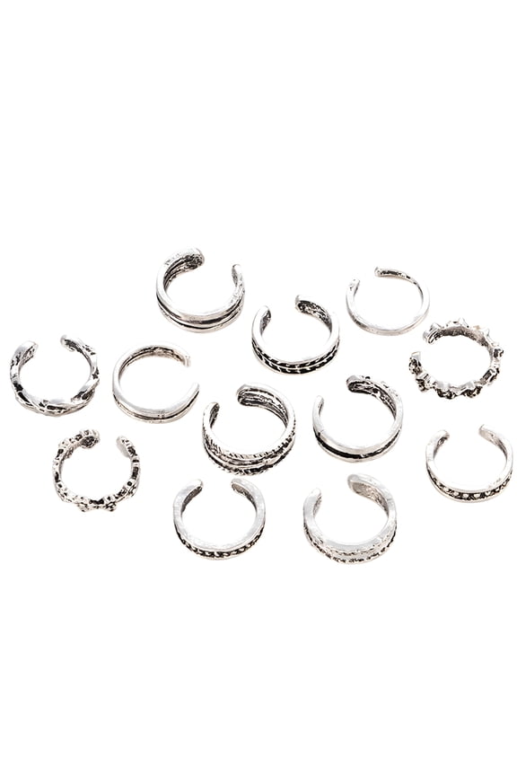 12pcs Fashion Simple Retro Carved Adjustable Toe Ring Foot Women Jewelry (Silver)