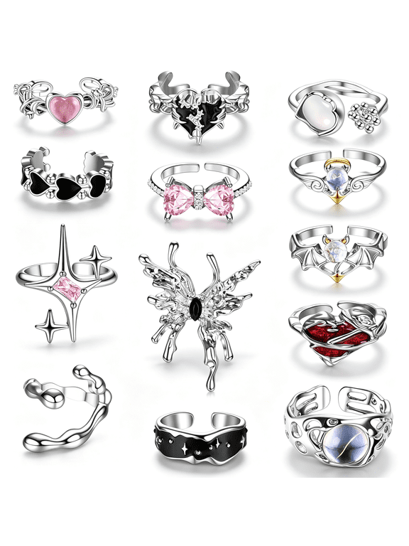 13 Pcs Y2K Rings for Women Vintage Irregular Rings for Women Men Chunky Adjustable Rings Gothic Goth Open Moonstone Butterfly Star Pink Heart Cool Statement Ring Aesthetic Accessories Ring