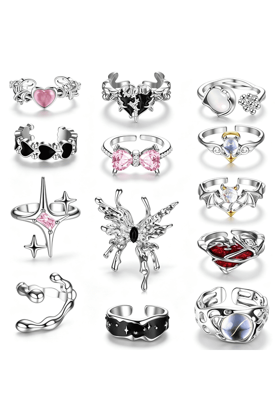 13 Pcs Y2K Rings for Women Vintage Irregular Rings for Women Men Chunky Adjustable Rings Gothic Goth Open Moonstone Butterfly Star Pink Heart Cool Statement Ring Aesthetic Accessories Ring