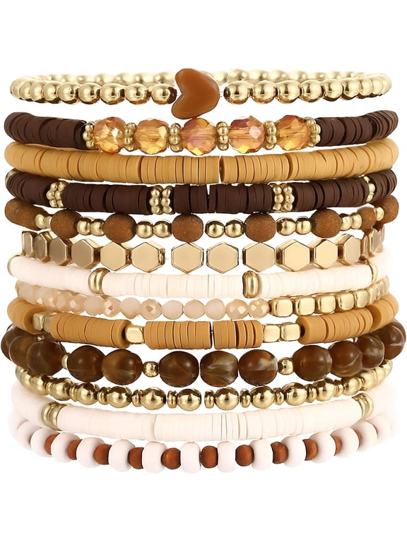 13Pcs Clay Beaded Stretch Bracelets for Women,Boho Gold Surfer Stackable Bracelet Stacks White Brown Black Beach Jewelry