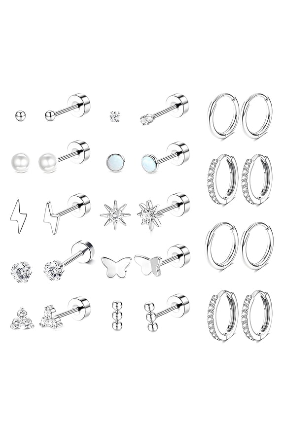 14 Pairs Flatback Stud Earrings for Women,Nickel & Lead Free Cartilage Earrings for Women,No Irritation Hypoallergenic Earrings Earrings for Sensitive Ears Women,Silver