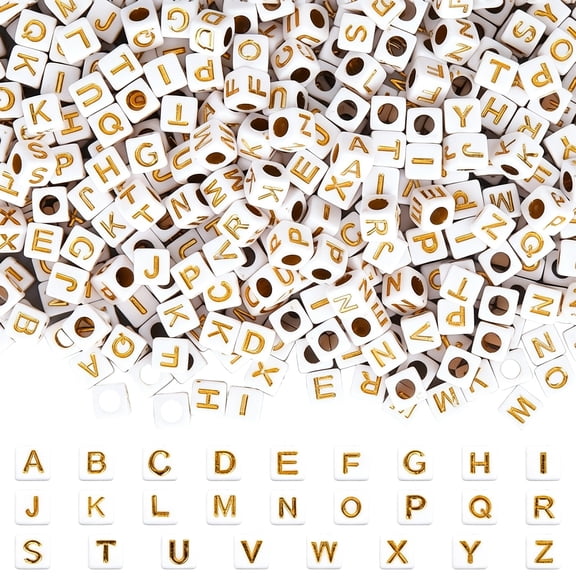 DESIGNICE 1400Pcs Cube Square Letter Beads 6Mm Alphabet Beads Square Mini Gold Font White Acrylic A-Z Letters Spacer Craft Bead