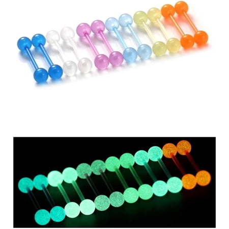 DESIGNICE 14G 16mm 14mm Glow in Dark Flexible Acrylic Straight Tongue Rings Plastic Nipple Ring Retainer Body Piercing Jewelry for Women Men 24PCS