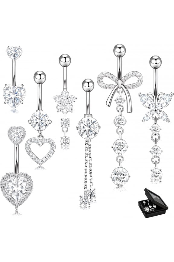 14G Belly Button Ring Dangle Belly Button Piercing Surgical Stainless Steel Belly Rings Cute CZ Heart Butterfly Flower Dangling Belly Piercing Jewelry for Women 7Pcs