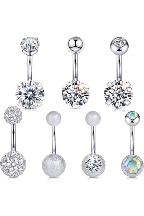 14G Hypoallergenic Surgical Steel Belly Button Ring Cubic Zirconia Belly Button Barbs Body Piercing Set 7 Pieces