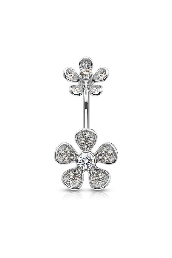 14G Micro Paved CZ Flower Belly Button Ring Surgical Steel Internally Threaded Flower Top Curved Navel Body Piercing (Silver-Tone)
